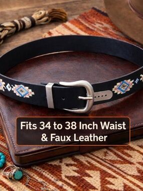 Embroidered Black Faux Leather Belt with Silver Buckle